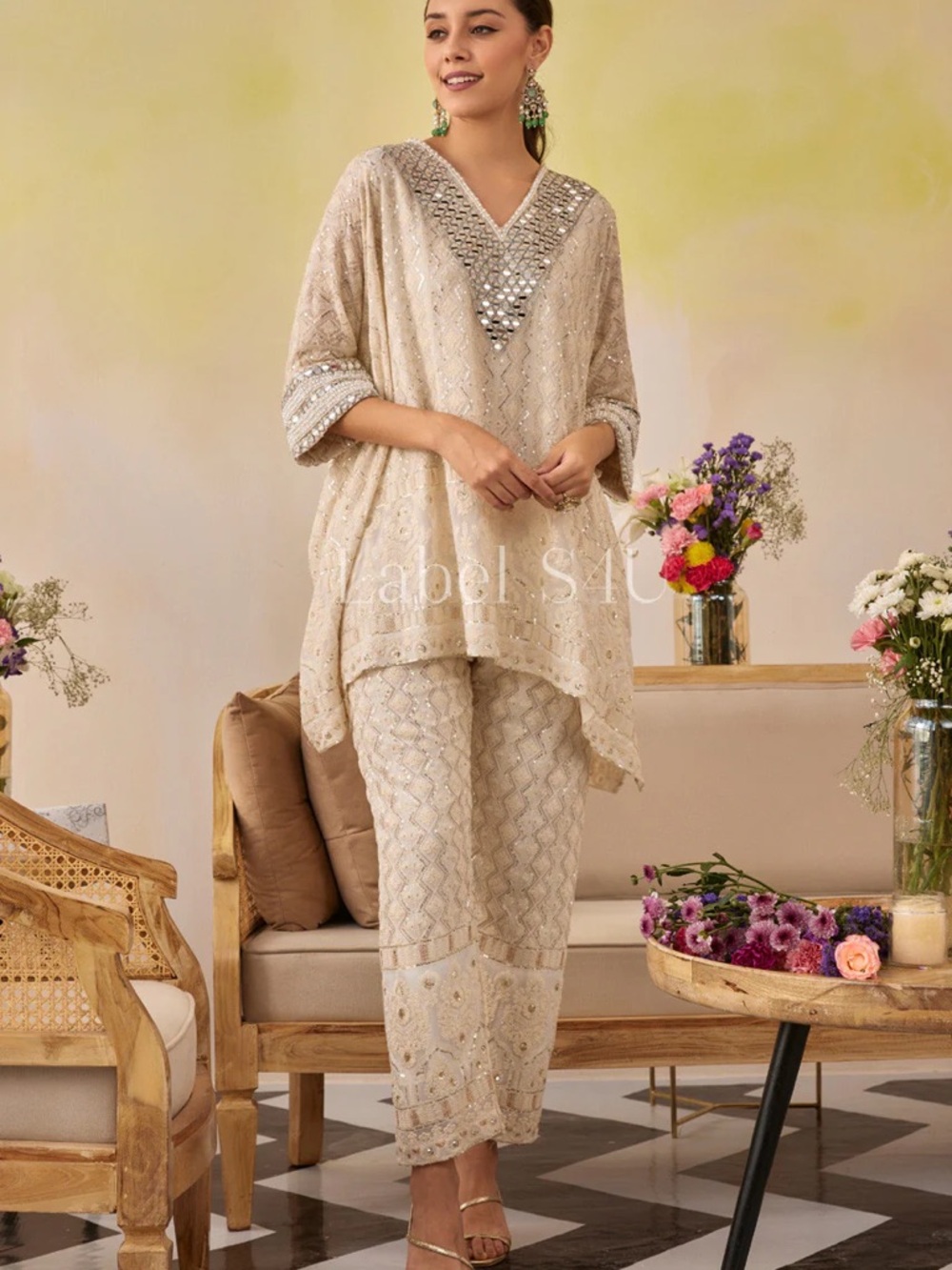 Embellished Cream Tunic & Pant Set